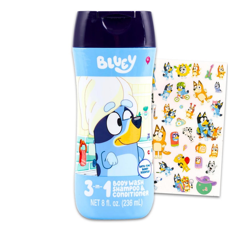 Bluey Kids Shampoo, Conditioner, Body Wash 8 Oz Bottle - Bundle with 3-in-1 Berry Scented Body Wash, Shampoo & Conditioner Plus Stickers | Bluey Bathroom Set - Image 1